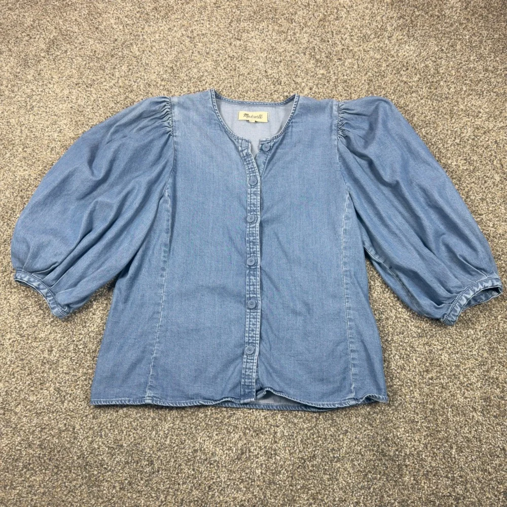 Madewell Chambray Puff Sleeve Button Front Top Blue Lyocell Blend Blouse Size 4